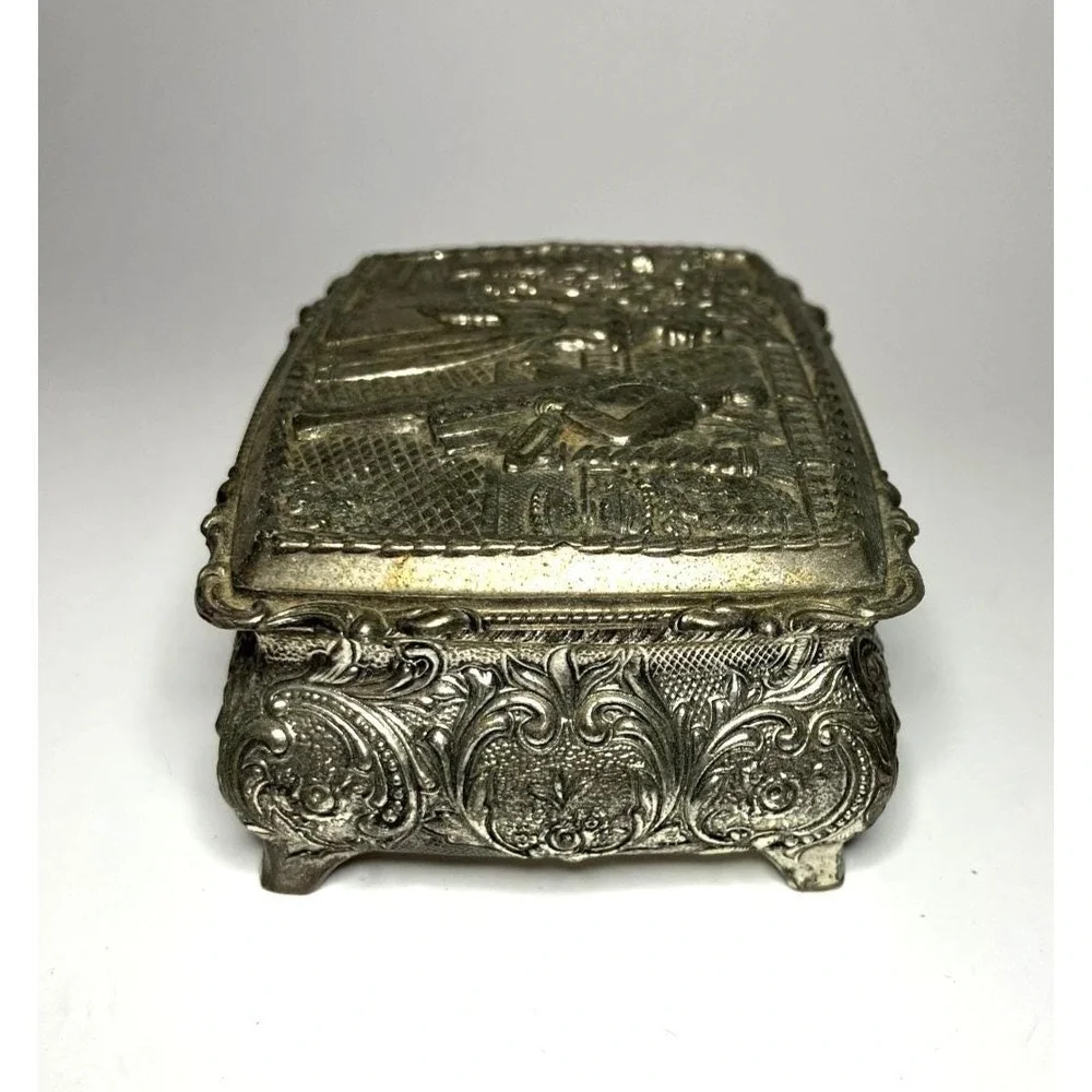 Vintage Japan Ornate Silver Tone Jewelry Trinket Box Victorian Courting Velvet